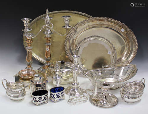 A collection of 19th century Sheffield plate, including a pair of candlesticks, height 26cm, a