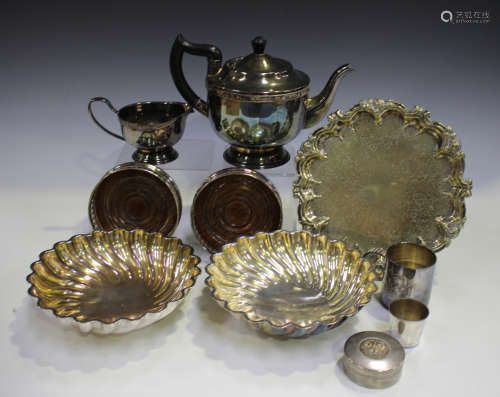 A collection of assorted plated items, including a pair of Christofle wrythen moulded circular