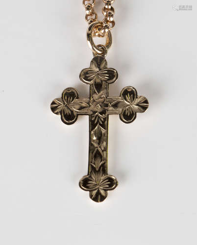 A gold pendant cross, detailed '9ct', length 3.2cm, with a 9ct gold circular link neckchain on a