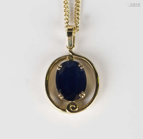 An 18ct gold and sapphire single stone pendant, claw set with an oval cut sapphire within an