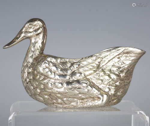 A Victorian silver novelty sauceboat, finely modelled in the form of a duck with detailed plumage,