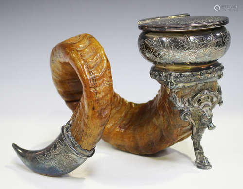 A Victorian plated and horn inkwell of snuff mull form, by Walker & Hall, the plated mounts and