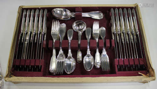 A George III and later harlequin part canteen of silver Fiddle and Thread pattern cutlery,
