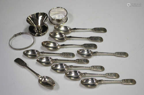 A group of ten silver Fiddle pattern teaspoons, various dates and makers, together with a silver