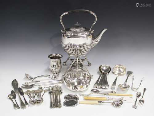 An Edwardian plated spirit kettle on heater stand, together with a quantity of other plated items,