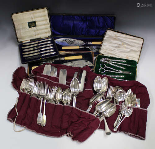 A set of six silver handled tea knives, Sheffield 1933, cased, together with a collection of