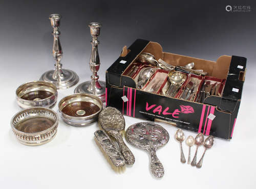 A collection of mostly 20th century plated items, including a canteen of cutlery, wine coasters