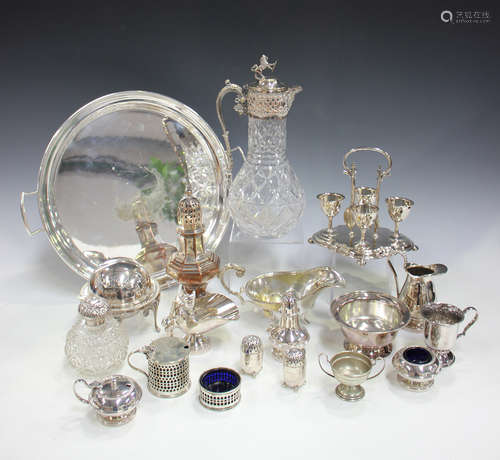 A mixed group of plated wares, including a three-light candelabrum, a cut glass claret jug, flatware