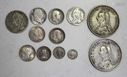 A group of British coins, comprising a George II Old Head shilling 1758, an Anne sixpence 1758, a