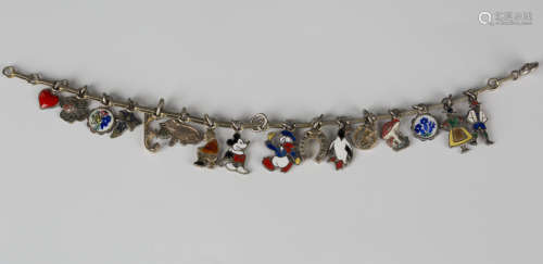 A charm bracelet, fitted with a variety of mostly enamelled and marcasite charms, a 9ct gold mounted