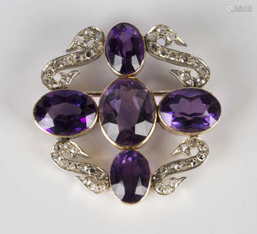 An amethyst and rose cut diamond brooch, mounted with five oval cut amethysts spaced with four