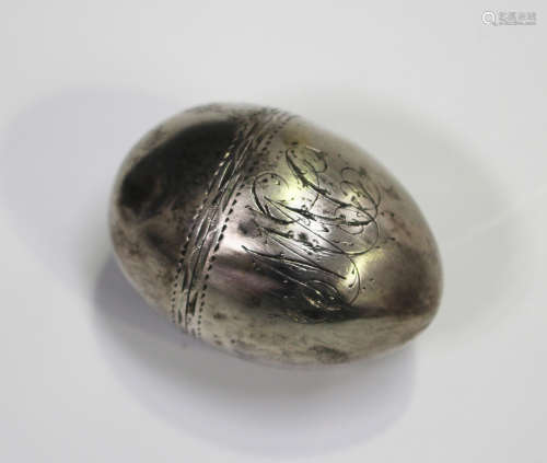 A George III silver nutmeg grater of ovoid form with screw cover and steel grate to interior,