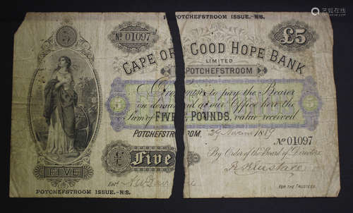 A Cape of Good Hope Bank five pounds note, Potchefstroom issue, 29 November 1889, serial number