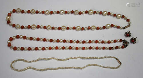 Two cultured pearl and coral necklaces, one with a colourless paste and coral clasp, a pair of gold,