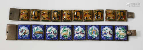 A Middle Eastern plated and enamel rectangular link bracelet, 20th century, each enamel panel