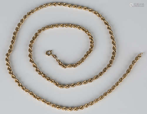 A 9ct gold ropetwist link neckchain on a boltring clasp, detailed '375', length 63cm.Buyer’s Premium