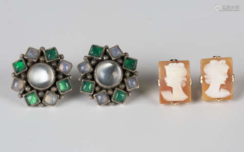 A pair of moonstone, dyed green and grey agate cluster earstuds with post and butterfly fittings,