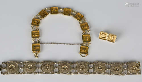 An Asian gold bracelet, each square link applied with a sign of the zodiac, on a hook shaped