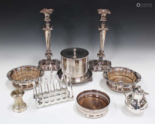 A group of plated items, including a cylindrical biscuit barrel, a pair of 19th century Sheffield