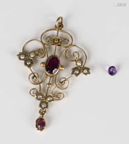 A gold, seed pearl and gem set pendant, pierced in an openwork design, detailed '9ct', length 3.7cm,
