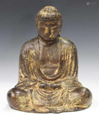 A Japanese cast iron figure of Buddha, probably Meiji period, modelled seated in dhyanasana,