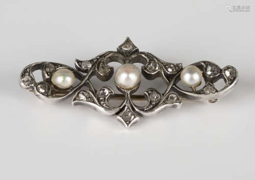 A gold backed and silver set, diamond and cultured pearl brooch, last quarter of the 19th century,