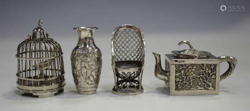 A small group of Chinese silver miniatures, comprising a rectangular teapot, maker's mark 'WF' to