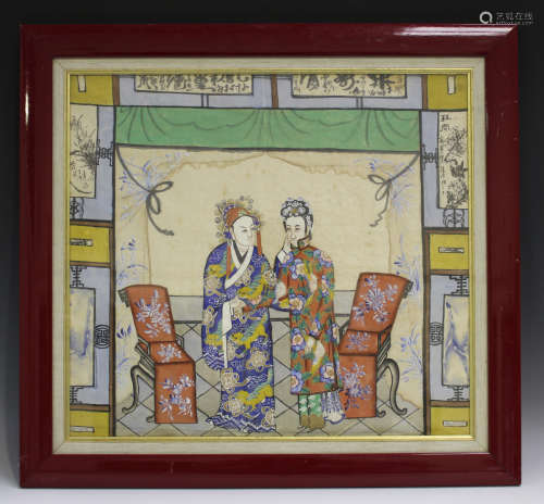 A Chinese watercolour painting on silk, late Qing dynasty, depicting two standing figures in an