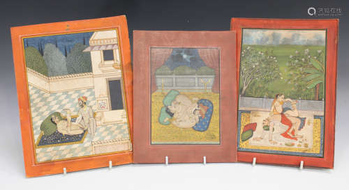 Three Indian erotic watercolour and gouache paintings on paper, late 19th/early 20th century, each