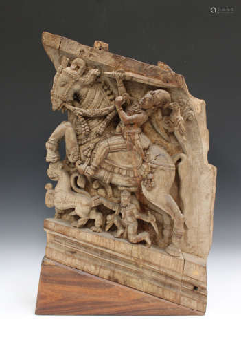 An Indian carved wood panel section, probably 19th century, carved in relief and pierced with a