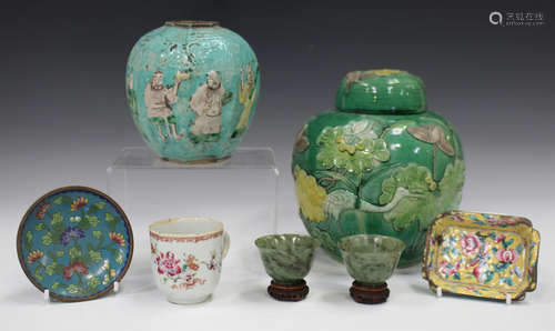 A Chinese famille verte enamelled biscuit porcelain ginger jar and cover, late Qing dynasty, moulded