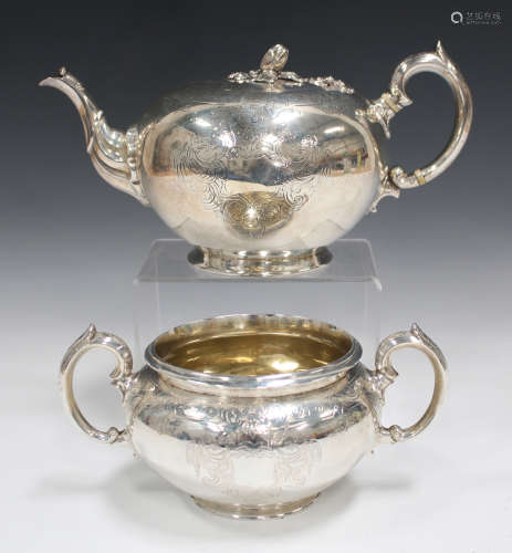 A Victorian Scottish silver teapot and matching two-handled sugar bowl, each of compressed