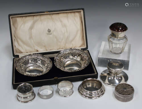 A small group of silver items, including a silver and tortoiseshell lidded glass jar, piqué inlaid