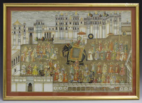 An Indian Mughal school watercolour painting, early 20th century, depicting a maharaja riding on the