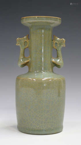 A Chinese Longquan celadon glazed mallet-shaped vase, 14th century style but modern, covered in a