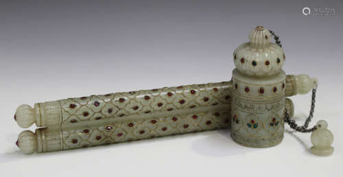 A Chinese Mughal style white/pale celadon jade scribe's case, probably 20th century, with gilt