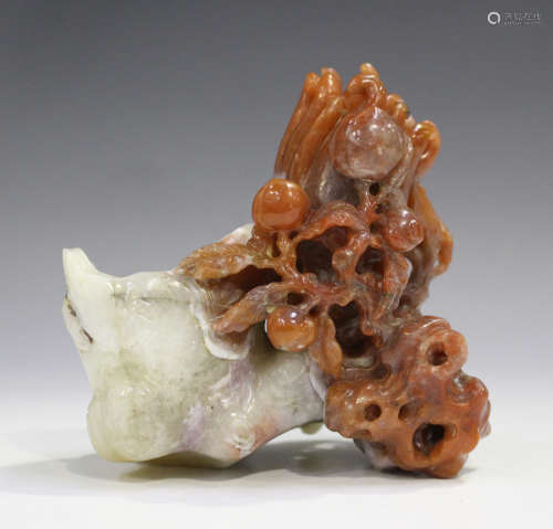 A Chinese two-tone agate brushwasher/spill vase, probably 20th century, the pale grey stone