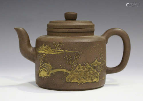 A Chinese Yixing stoneware teapot and cover, probably 20th century, the cylindrical body decorated