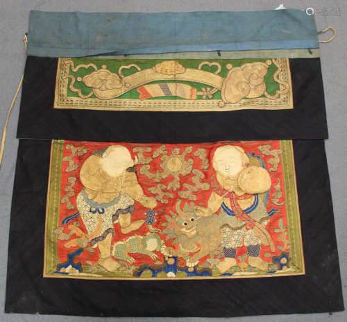A Chinese silk embroidered altar panel, late Qing dynasty, the upper rectangular panel finely worked