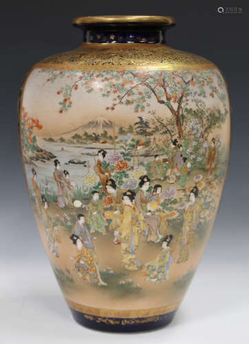 A Japanese Satsuma earthenware vase by Keizan, Meiji period, of stout ovoid form, painted with