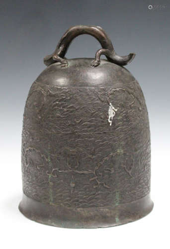 A Chinese brown patinated bronze temple bell, 19th/20th century, cast in relief with scrolls and