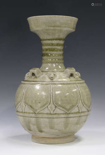 A Chinese celadon glazed stoneware vase, 10th century style but probably modern, the globular body