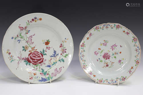 A Chinese famille rose export porcelain circular dish, Qianlong period, painted with flowers,