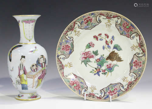 A Chinese famille rose export style porcelain plate, Yongzheng style but modern, painted with
