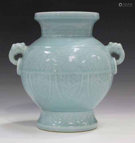 A Chinese clair-de-lune glazed porcelain vase, mark of Qianlong but 20th century or later, the