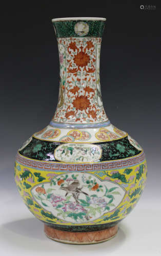 A Chinese famille rose porcelain bottle vase, late Qing dynasty, the compressed globular body