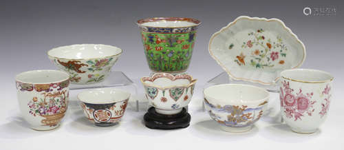 A small group of Chinese export porcelain, 18th century, including a 'clobbered' blue and white