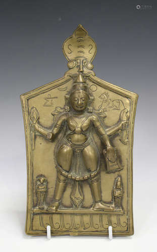 An Indian bronze Shiva plaque, 18th century, cast in relief with the standing deity, height 23cm.