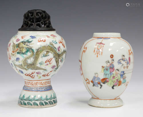 A Chinese famille rose export porcelain tea caddy, Qianlong period, the ovoid body painted with