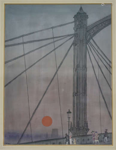 Takezo Sato (1891-1972) - 'Sunset from Albert Bridge', a Japanese watercolour and gouache on silk,